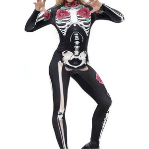Skeleton Jumpsuit with Red Rose Accents